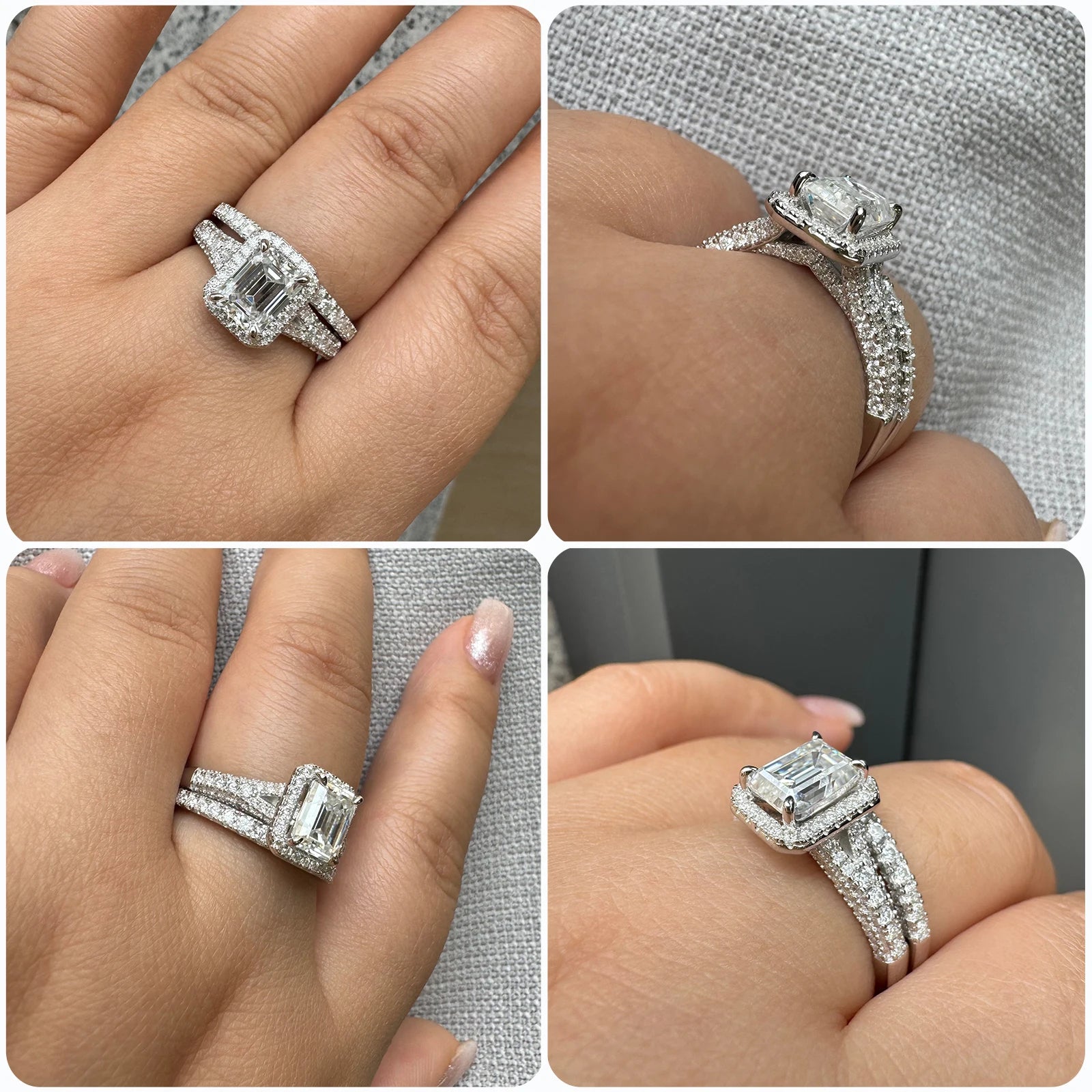 Newshe Women's Stackable VVS1 Moissanite Wedding Rings Set GRA Certified Halo Emerald Cut 925 Sterling Silver Bridal Ring