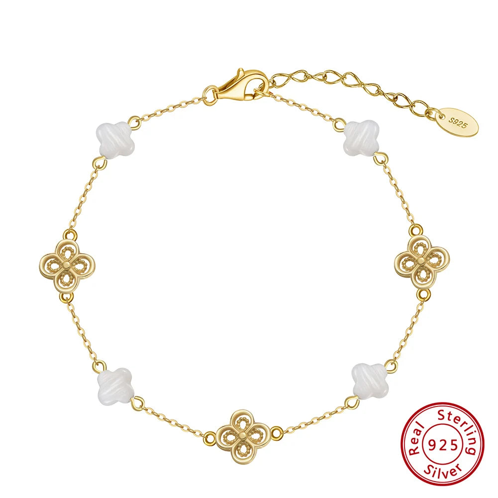 Rinntin 925 Sterling Silver Shell 14K Gold Four Leaf Clover Bracelet Waterproof Flower Bracelets Jewelry for Women Girls Gift