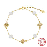 Rinntin 925 Sterling Silver Shell 14K Gold Four Leaf Clover Bracelet Waterproof Flower Bracelets Jewelry for Women Girls Gift