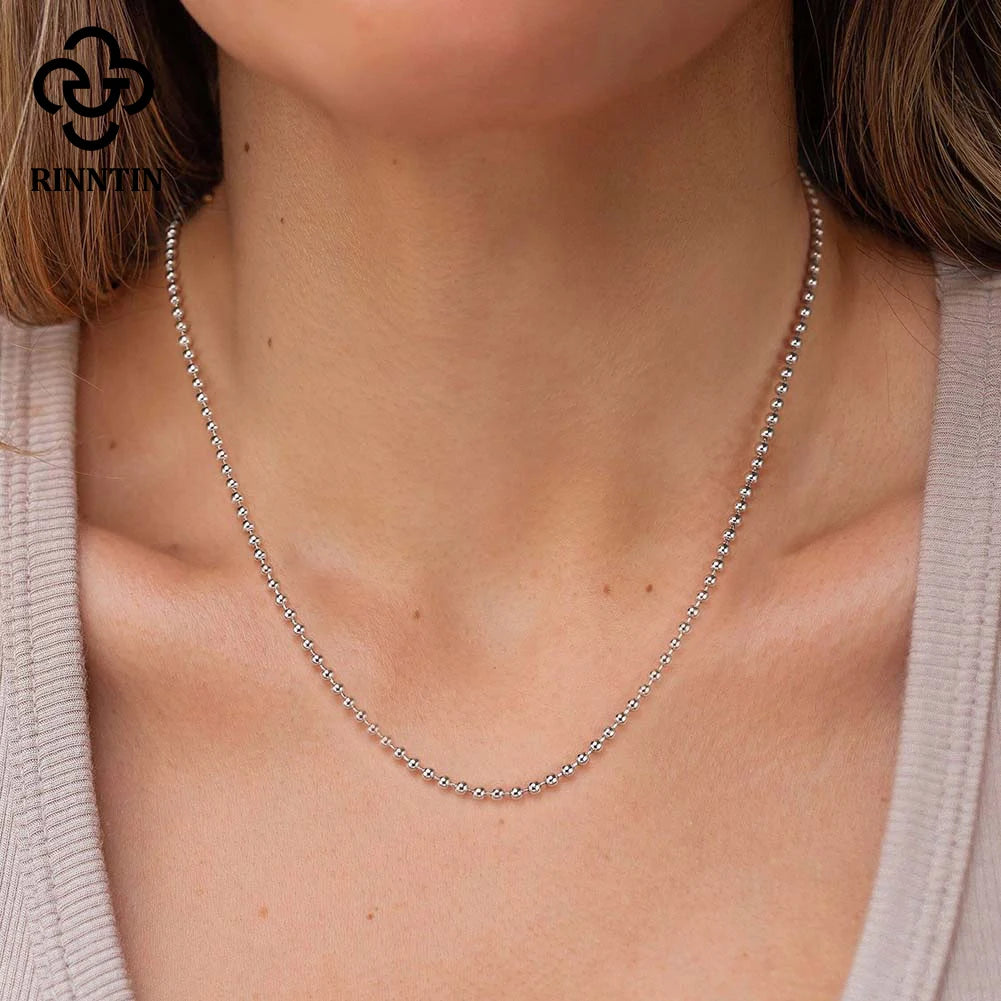 Rinntin Handmade 925 Sterling Silver Fashion 1.2mm Ball Bead Chain Necklace 40/45/50/55/60cm for Women Chain Jewelry Gift SC24