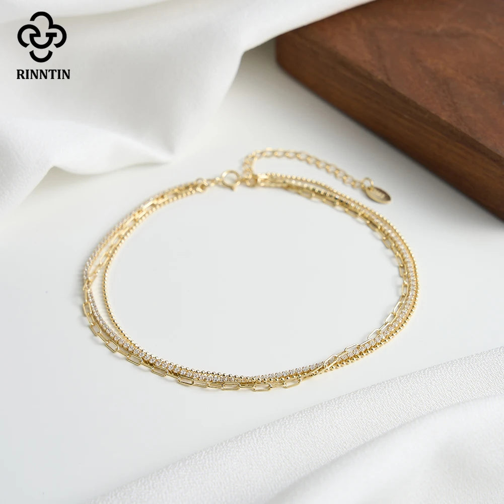 Rinntin 925 Sterling Silver 3 Layered Chain Anklet for Women Girls Summer Sexy Beach Foot Chain Ankle Straps Jewelry SA104