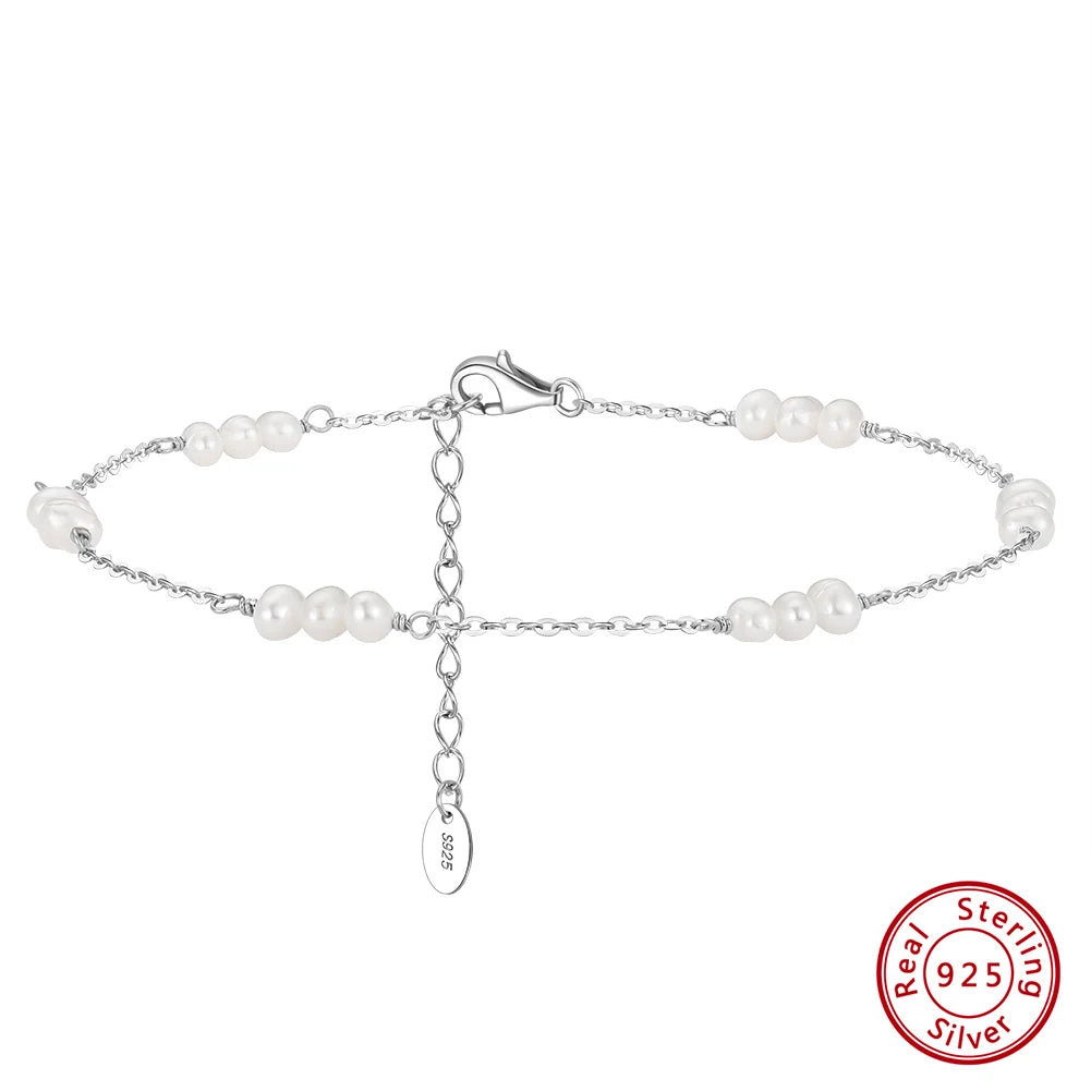 Rinntin 925 Sterling Silver Natural Pearls Anklets for Women Girls Fashion Foot Bracelet Ankle Straps Pearls Summer Jewelry SA36