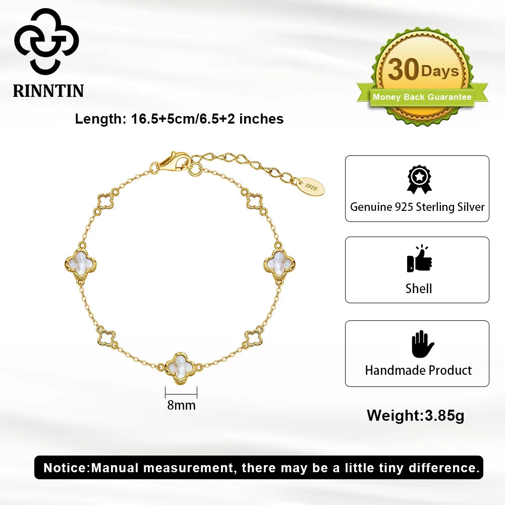 Rinntin New Design 925 Sterling Silver Lucky Four Leaf Clover Women's White Shell Bracelet Jewelry for Girlfriend Present GMB68