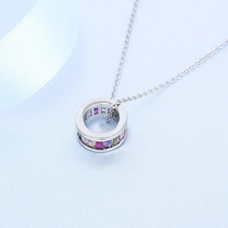 New Fashion 925 Sterling Silver Jewelry Round Zircon Pendants Necklaces Women Fine Semi Rhinestone Circle Clavicle Chain Choker