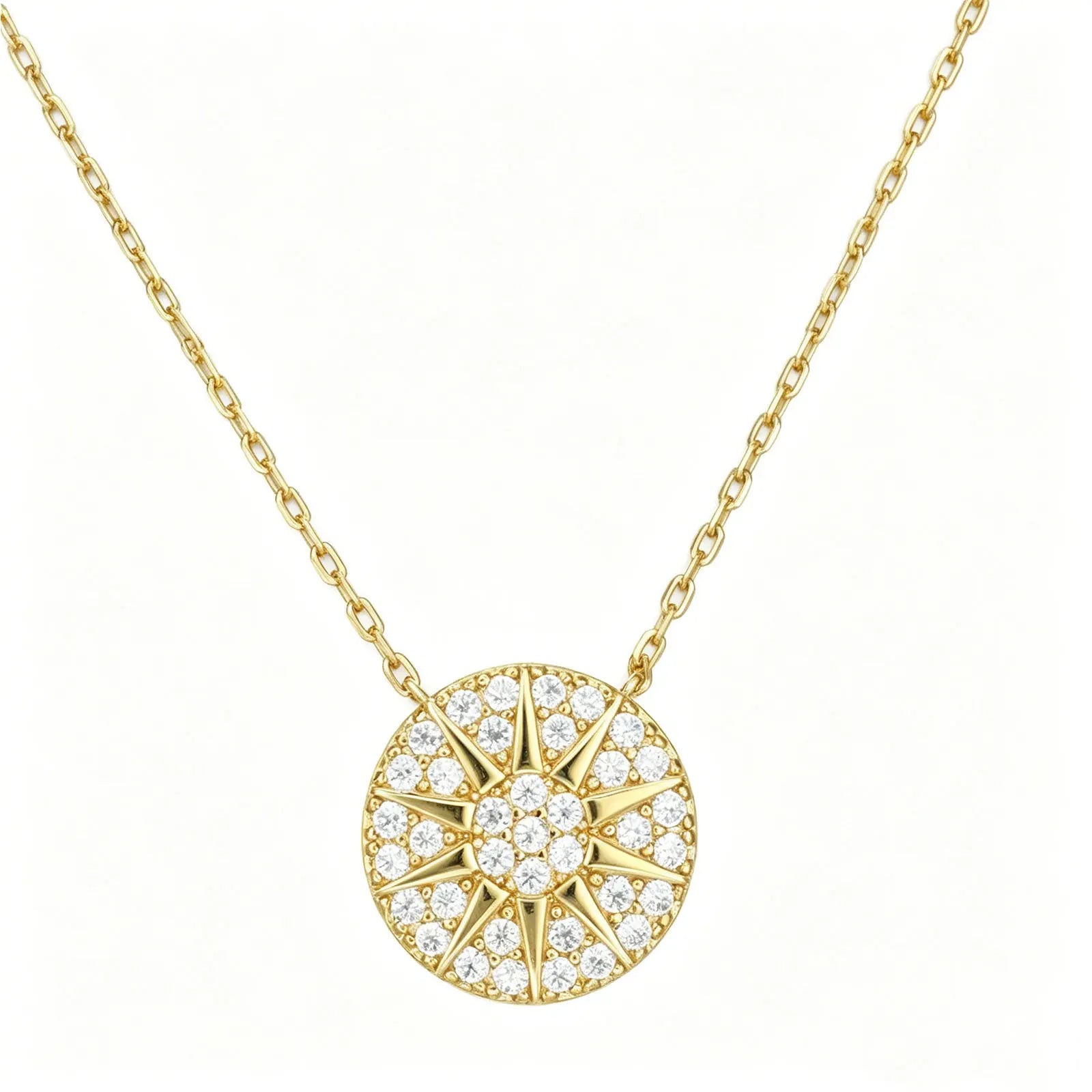 Newshe Solid 925 Sterling Silver Moissanite Sunburst Pendant Necklace 14K Gold Plated Dainty Chain for Women Jewelry Gift