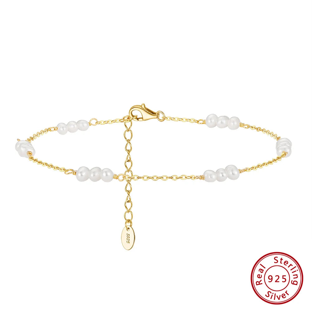 Rinntin 925 Sterling Silver Natural Pearls Anklets for Women Girls Fashion Foot Bracelet Ankle Straps Pearls Summer Jewelry SA36