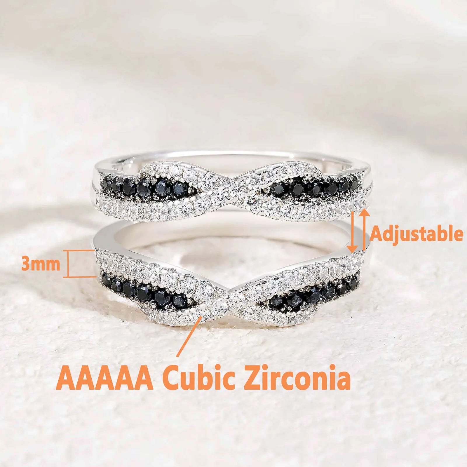 Newshe 925 Sterling Silver Black Blue White 5A Grade Cubic Zircon Wedding Ring Enhancer for Women Twist Rope Design Fine Jewelry