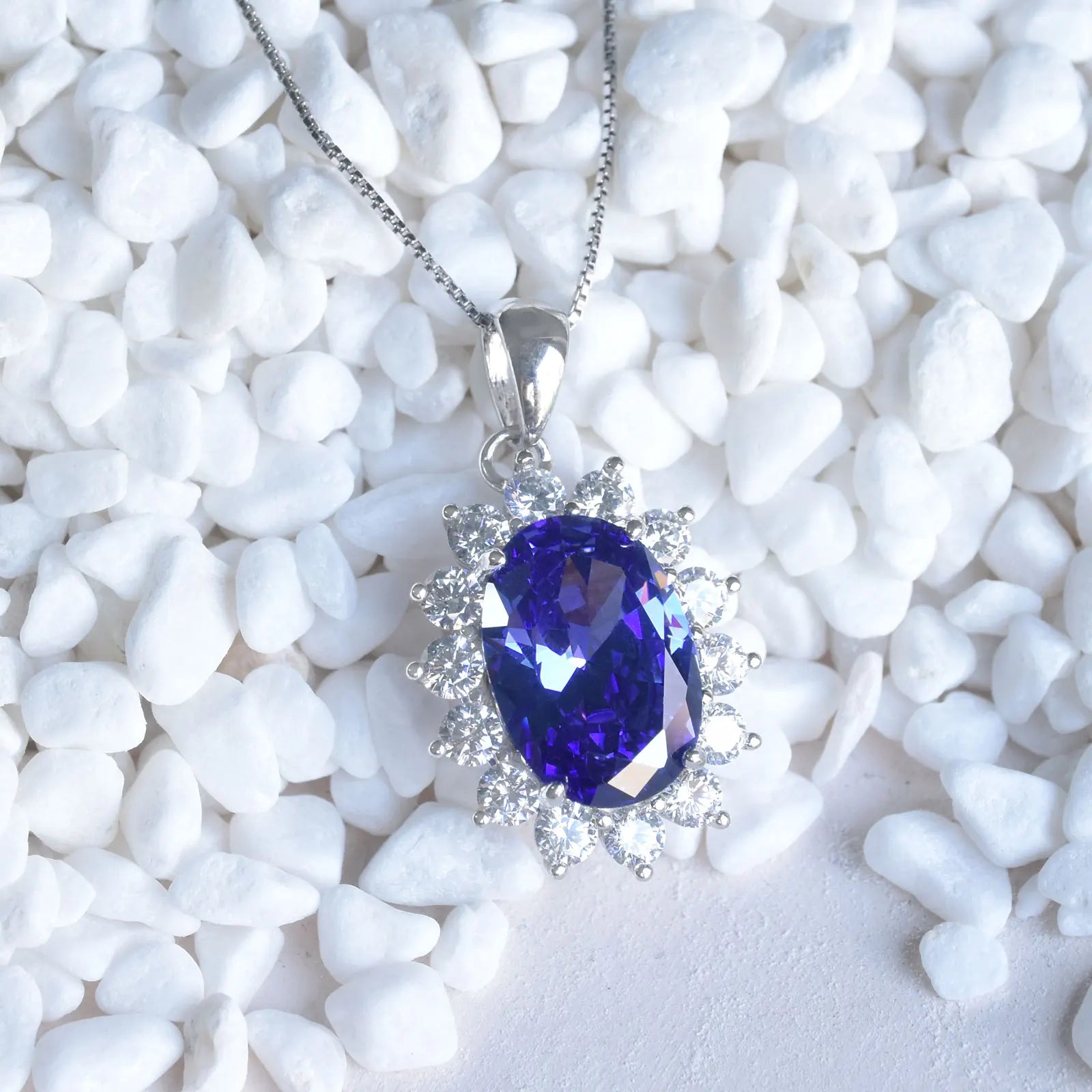 Newshe 6.4 Ct Oval Shape Blue AAAAA Zircon Pendant Solid 925 Sterling Silver 18 Inches Chain Necklace for Women