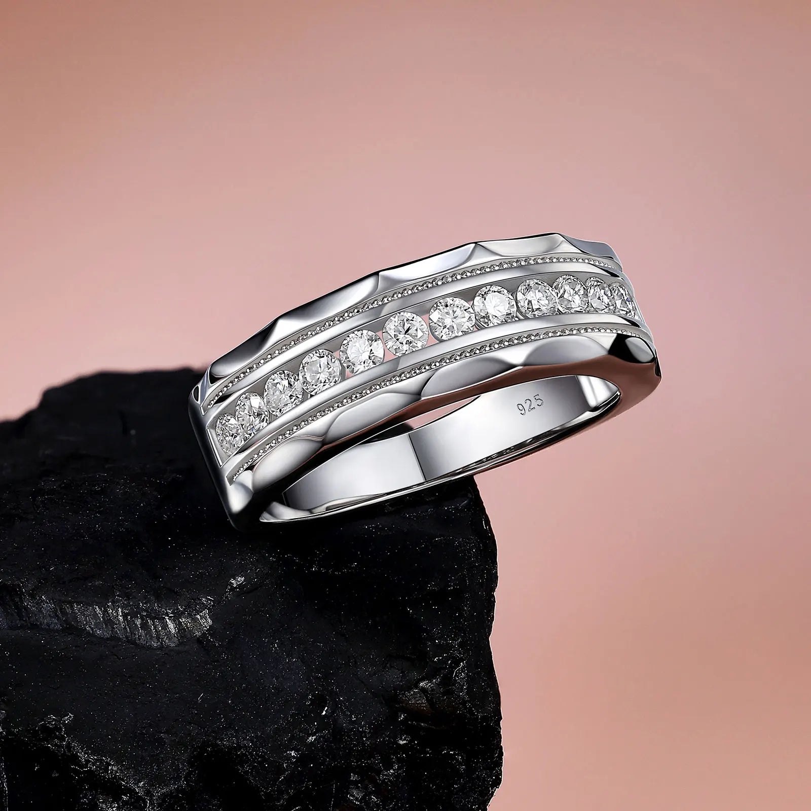 Newshe Men's 925 Sterling Silver Moissanite Ring Brilliant D Color VVS1 GRA Certified Eternity Band Wedding Engagement Jewelry