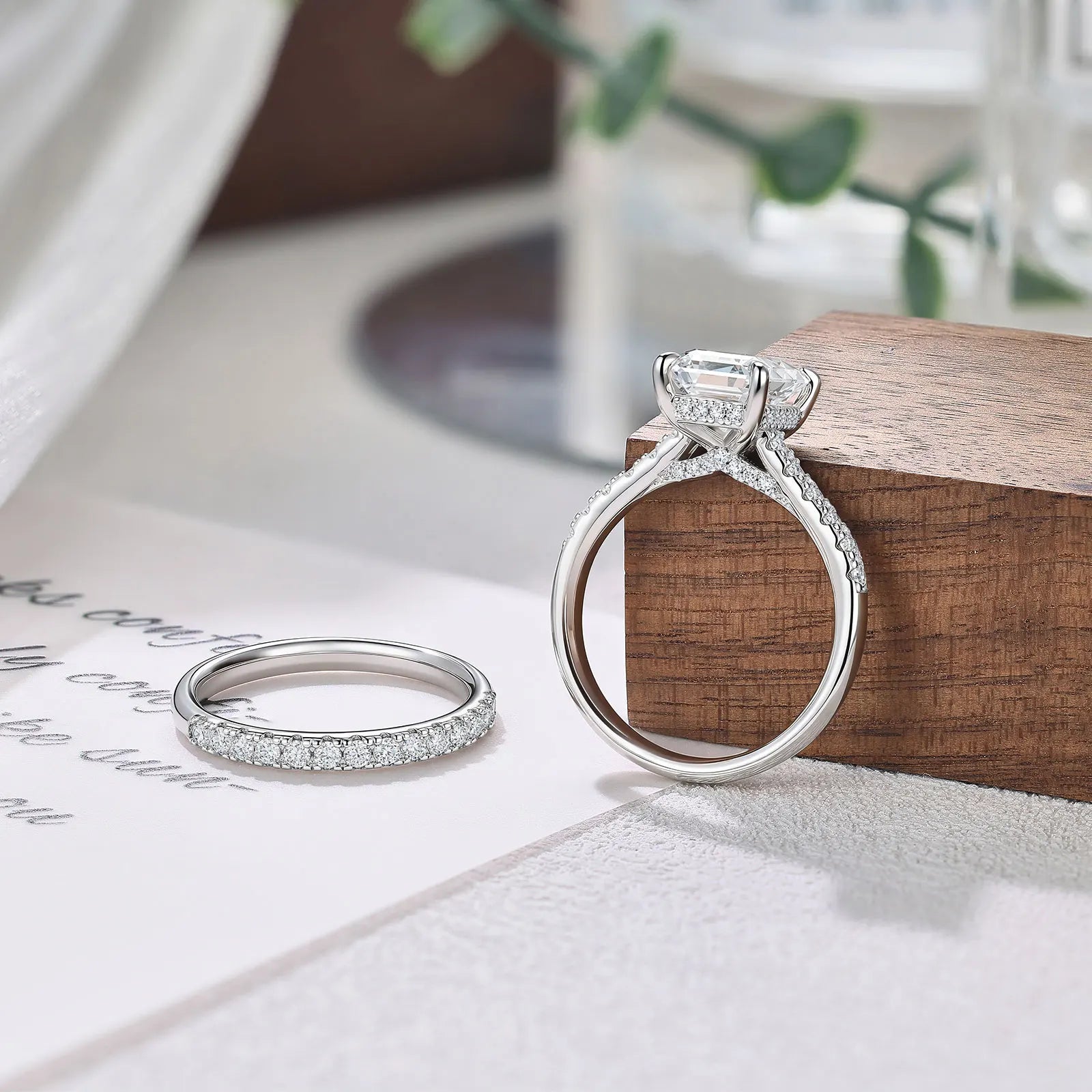 Newshe GRA Certified Moissanite Rings Set for Women D color VVS1 Emerald Cut White Gold Plated Engagement Ring Wedding Band