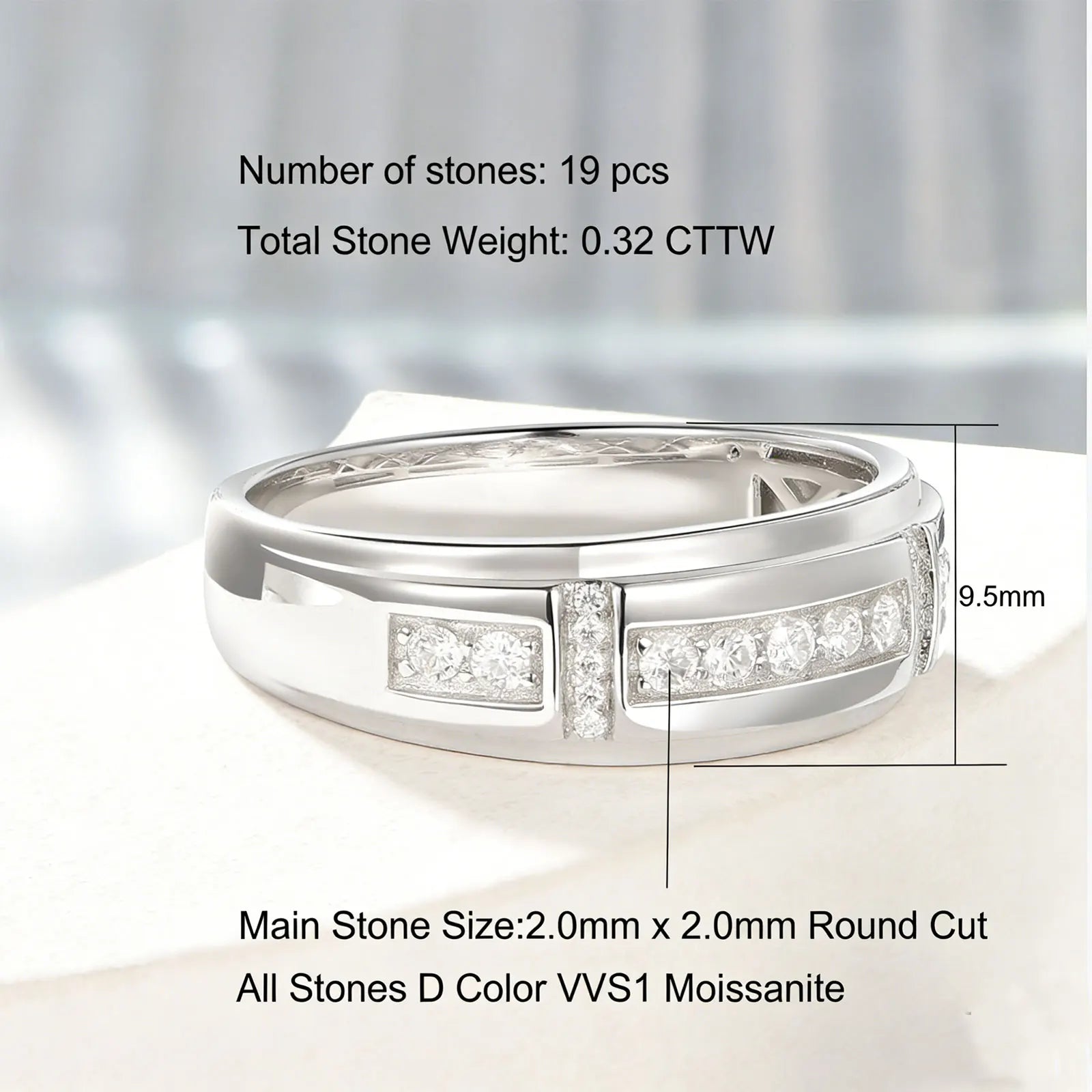 Newshe Certified Moissanite Rings for Men D Color VVS1 Brilliant Wedding Band High-Quality White Gold Plated Jewelry