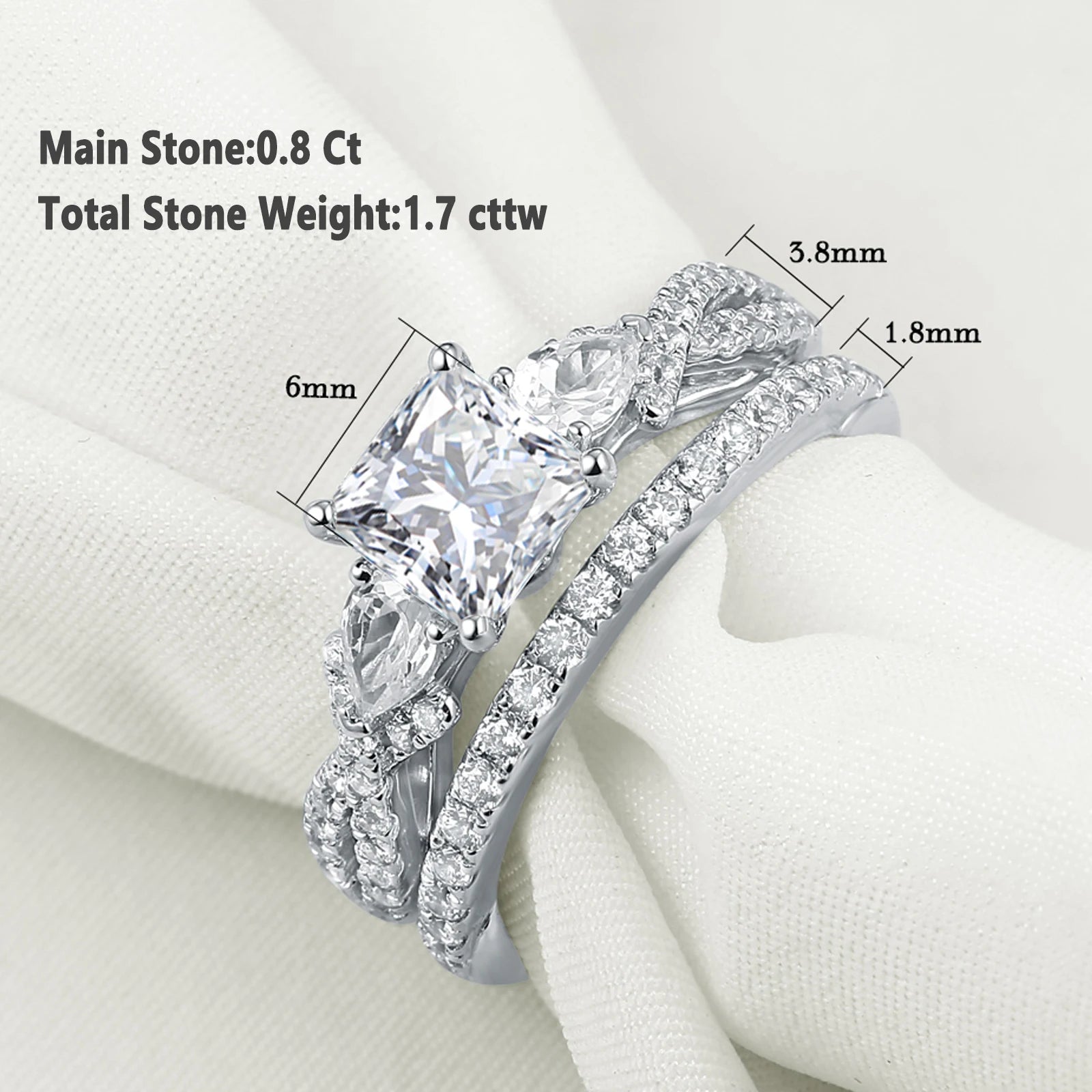 Newshe 2 Pcs Wedding Ring Set 925 Sterling Silver Moissanite Certified Princess Pear Cut Engagement Rings for Women Fine Jewelry