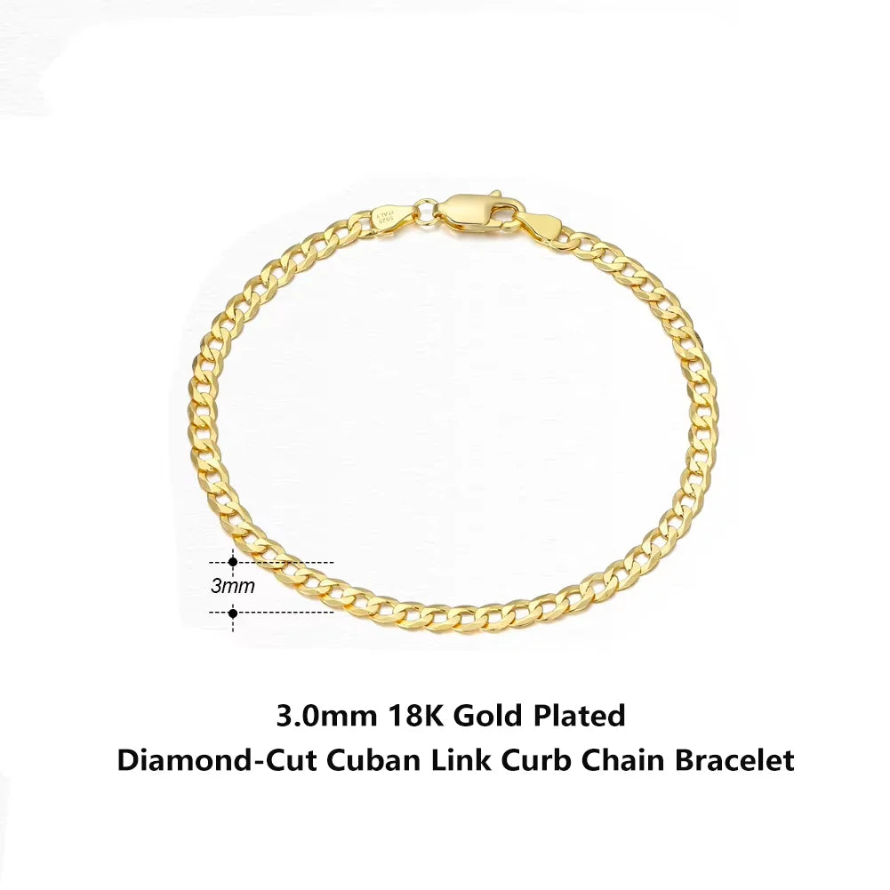 Rinntin 18K Gold Over 925 Sterling Silver 3mm Italian Cuban Chain Bracelet for Women Men Trendy Silver Bracelet Jewelry SB123