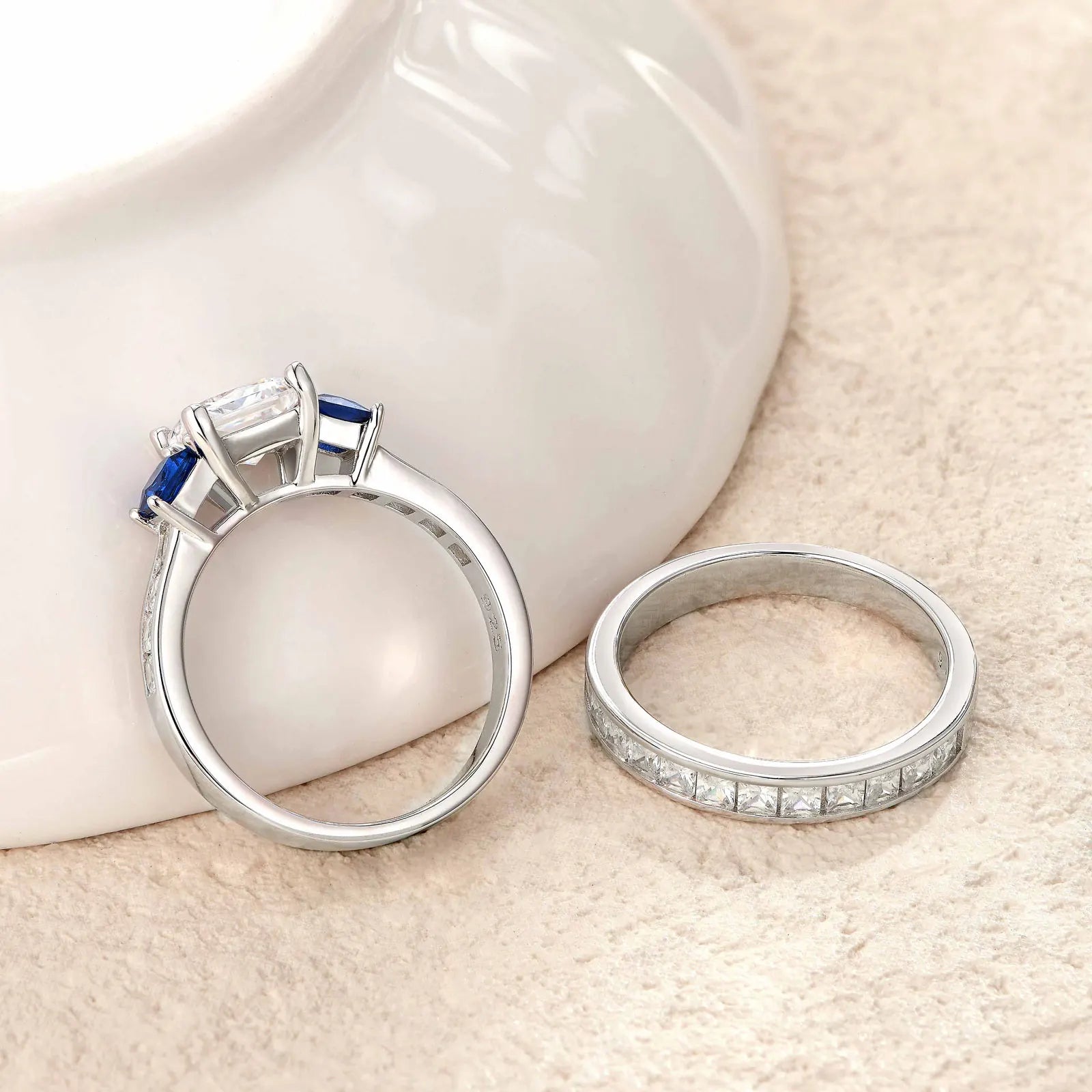 Newshe 925 Sterling Silver Rings Set for Women Three Princess Cut White Blue AAAAA Zircons Luxury Engagement Wedding Jewelry