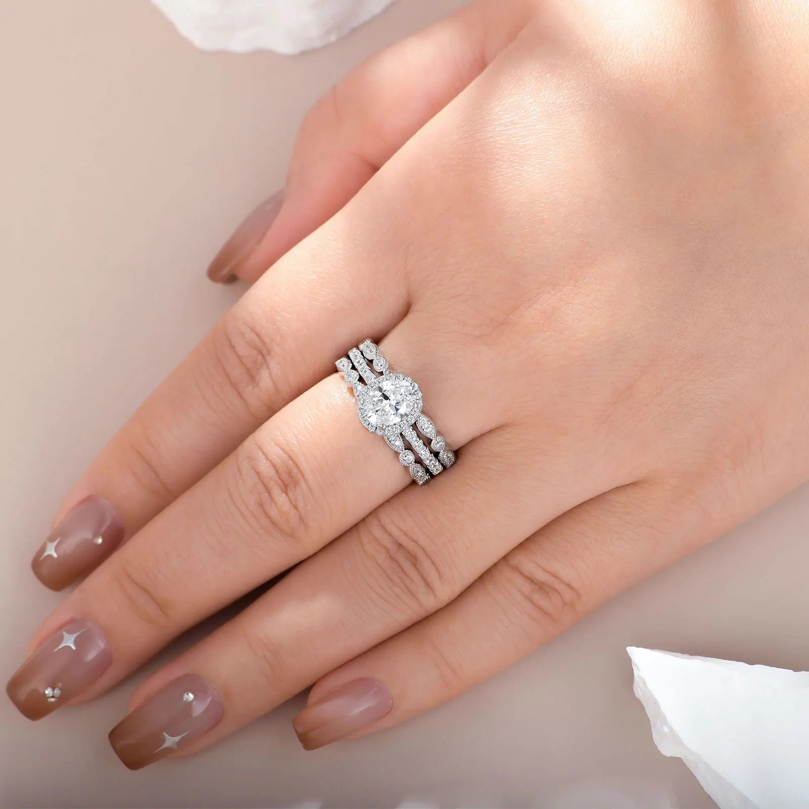Newshe 3 Pieces Wedding Engagement Rings Set for Women 925 Sterling Silver Jewelry Art Deco Bands Oval AAAAA Cubic Zircon Ring