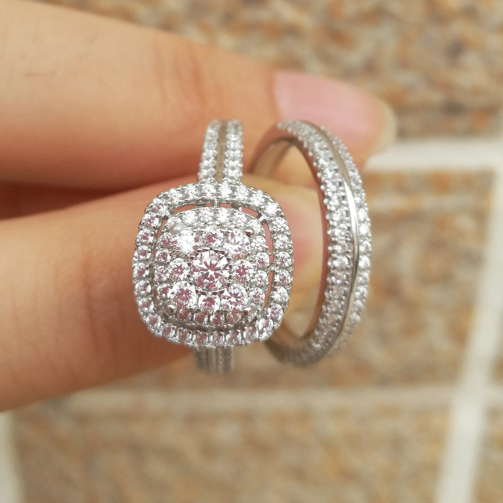 Newshe 2Pcs Moissanite Wedding Rings Set for Women White Gold Plated Halo Round Cut Engagement Bridal Ring