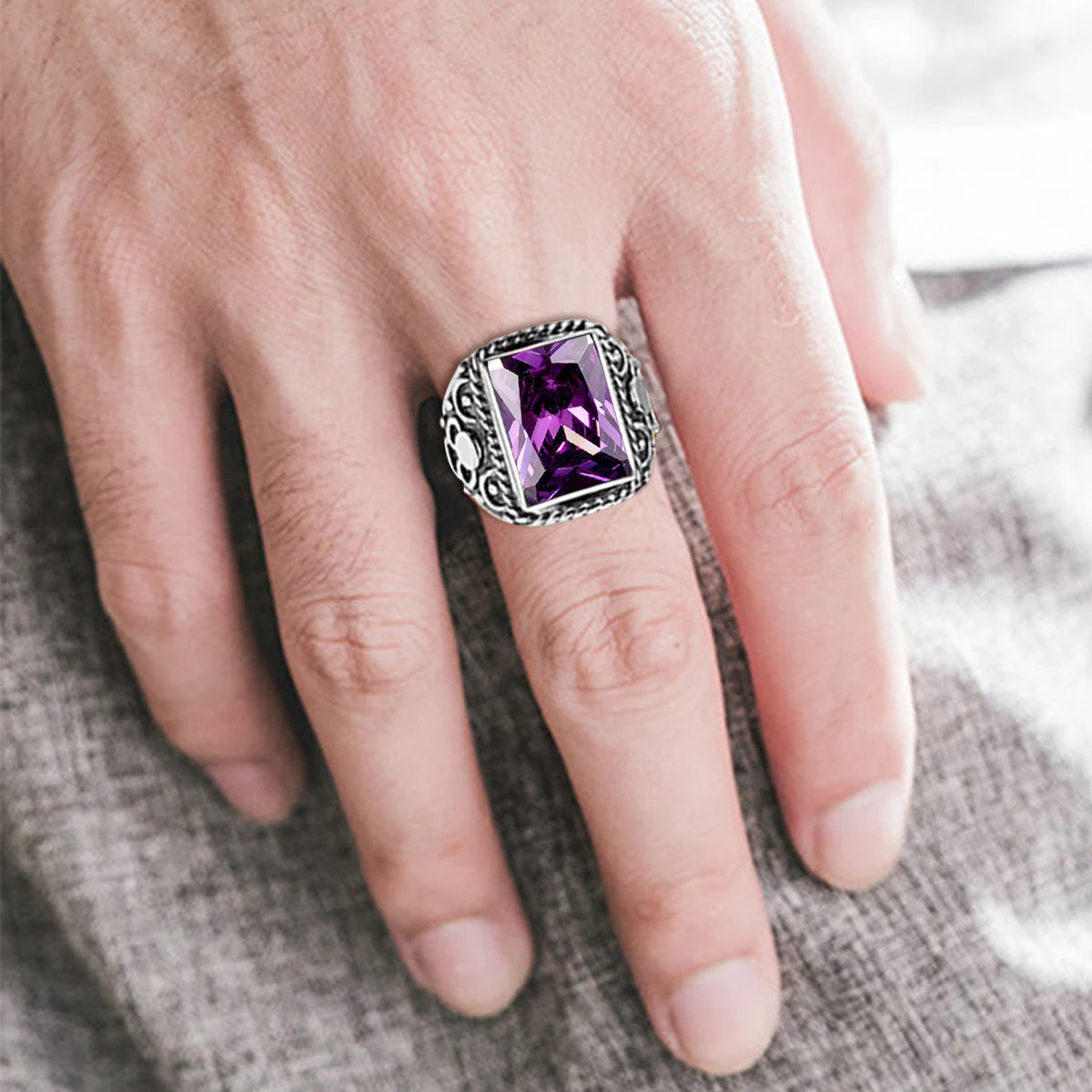 Massive 925 Sterling Silver Thick Men's Rings Amethyst Vintage Art Deco Revival Vintage Male Jewelry Party Gift For Husband