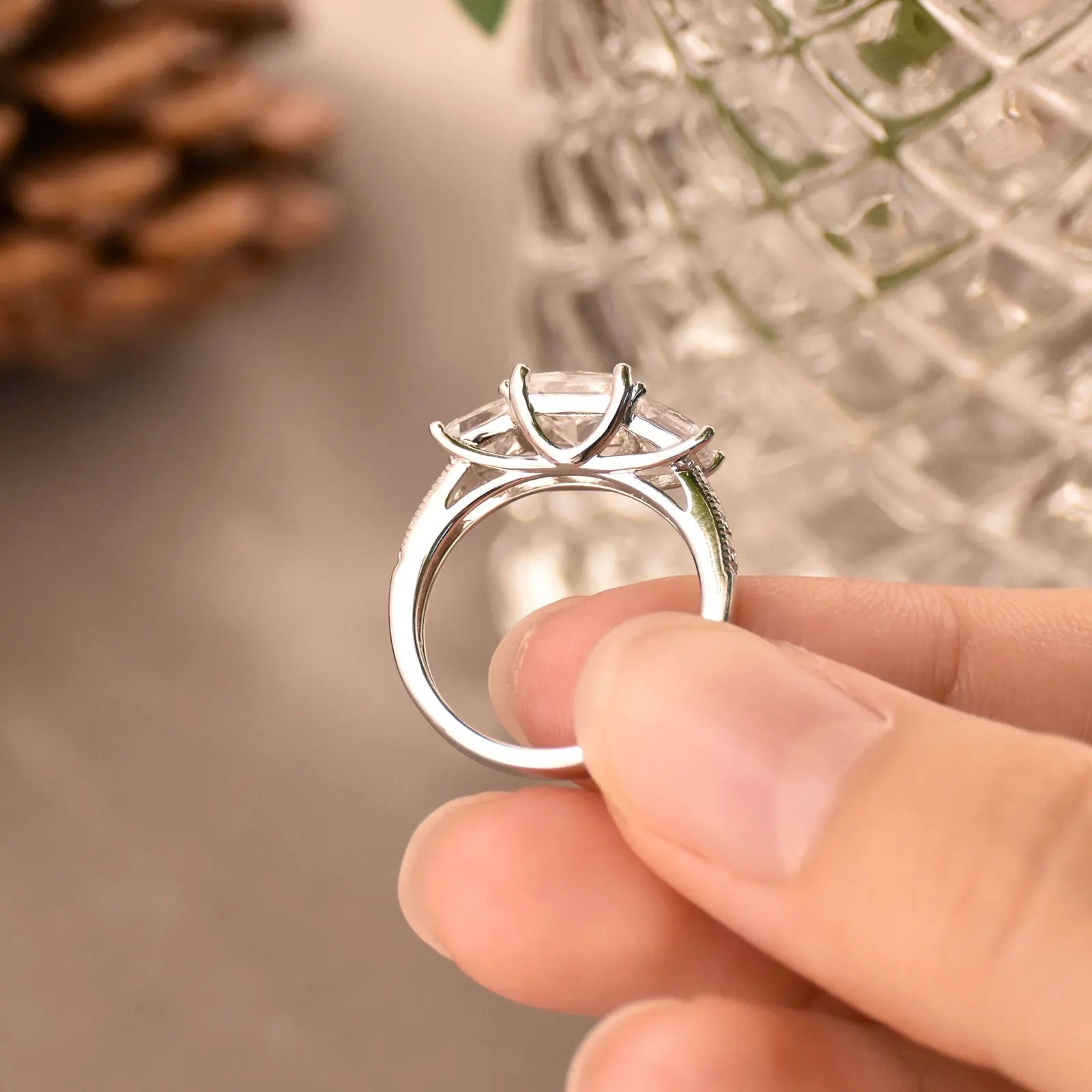 Newshe Three-Stone Princess Cut AAAAA CZ 925 Sterling Silver Engagement Rings Set for Women Adjustable Wedding Ring Enhancer