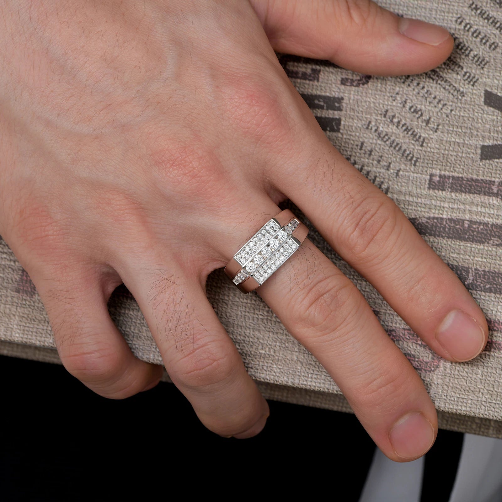 Newshe GRA Certified Full Moissanite Rings for Men Designed Wedding Band White Gold Plated Jewelry
