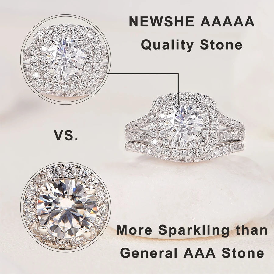 Newshe 2 Pcs 925 Silver Wedding Rings for Women Bridal Jewelry Halo Round Cut Cubic Zircons Victorian Style Engagement Ring