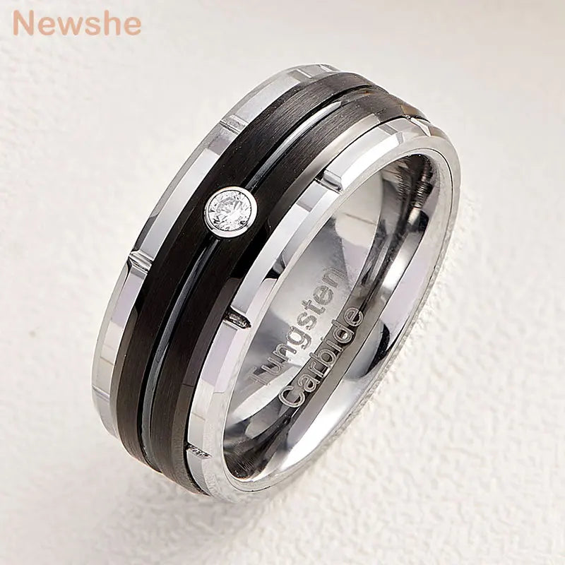 Newshe Black White Gold Color Men's Wedding Band 8mm Matte Brushed Tungsten Rings for Him Cubic Zircon Size 8-13
