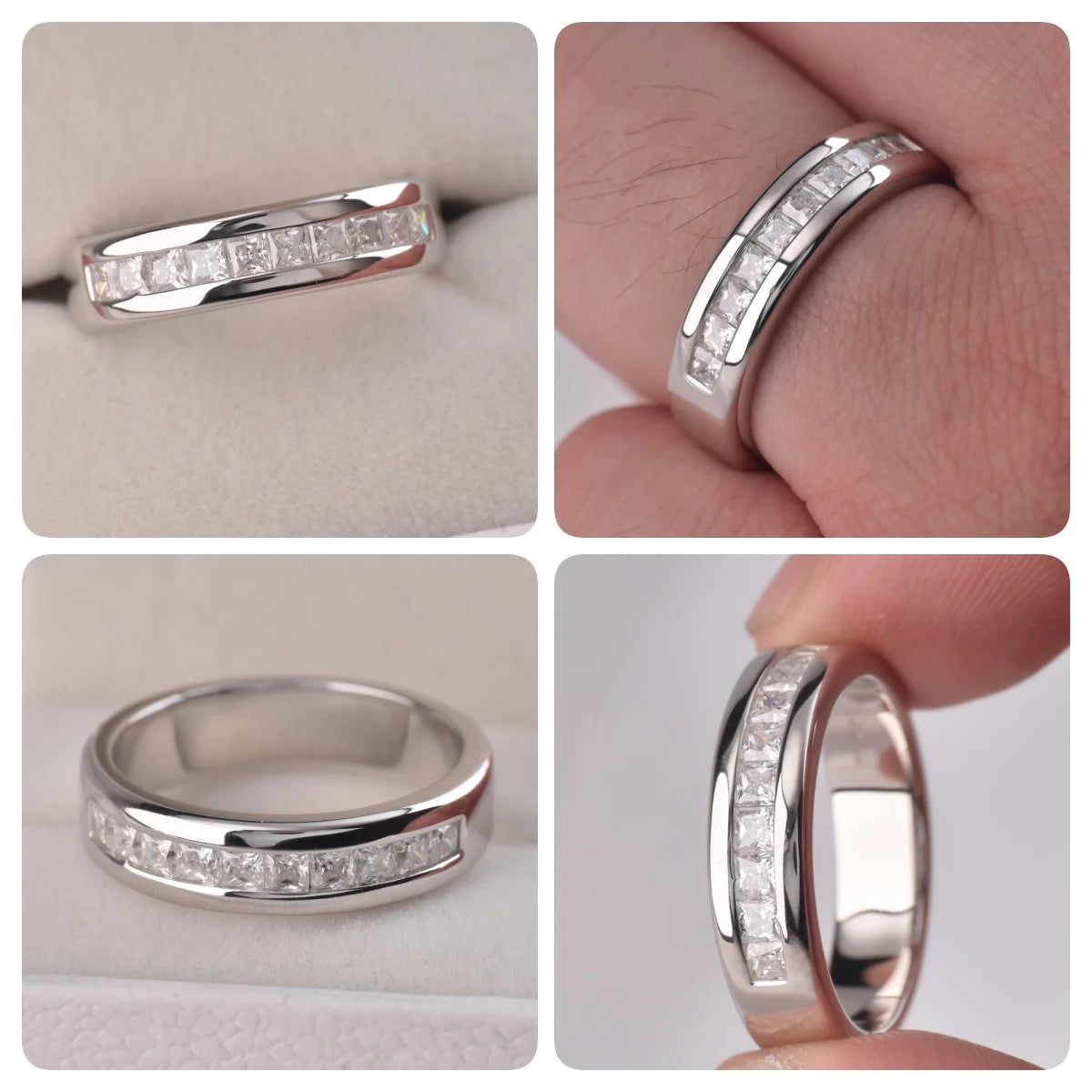 Newshe GRA Certified Men's Moissanite Ring D Color VVS1 Princess Cut Channel Set Wedding Band White gold plated Promise Rings
