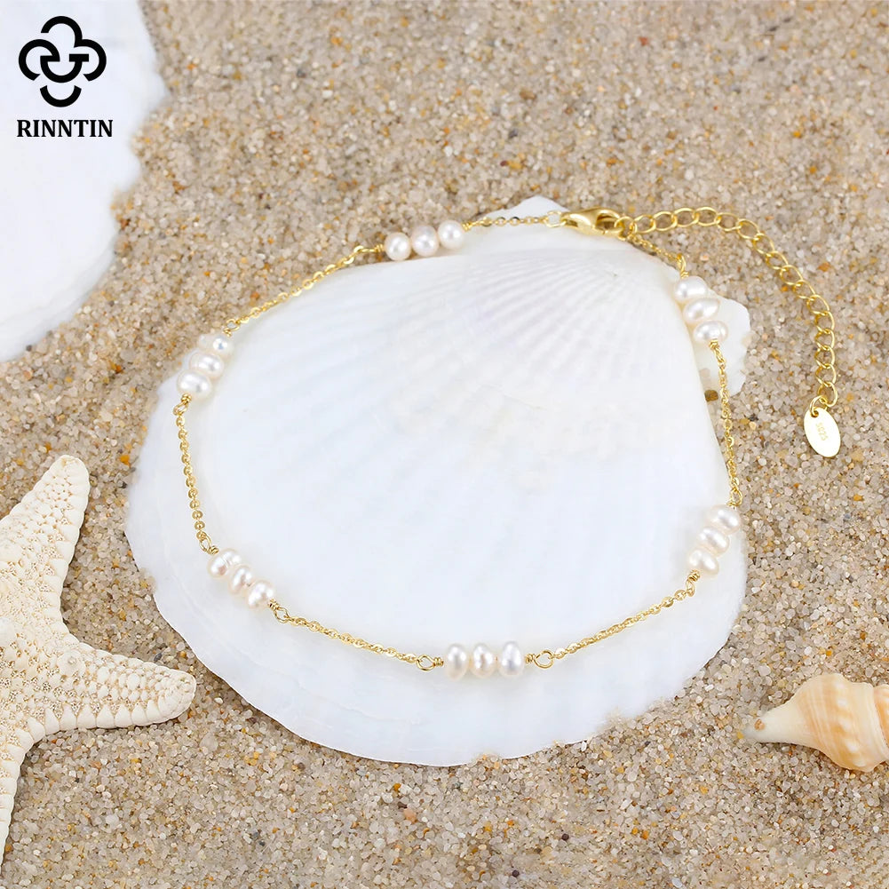 Rinntin 925 Sterling Silver Natural Pearls Anklets for Women Girls Fashion Foot Bracelet Ankle Straps Pearls Summer Jewelry SA36