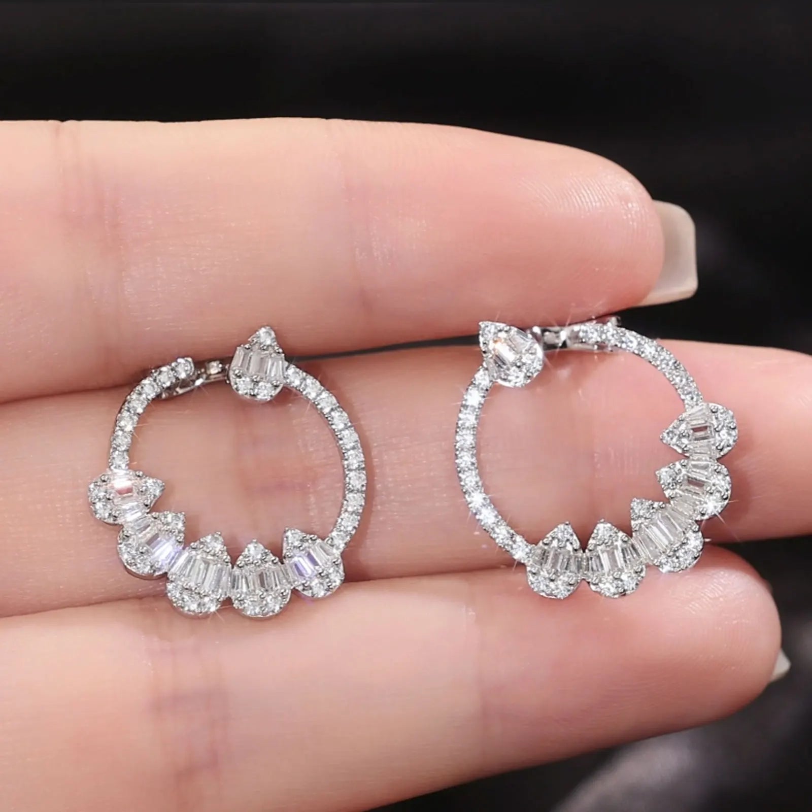 Newshe Solid 925 Sterling Silver Hoop Earrings for Women Water Drop AAAAA Cubic Zircon Designer Luxury Jewelry