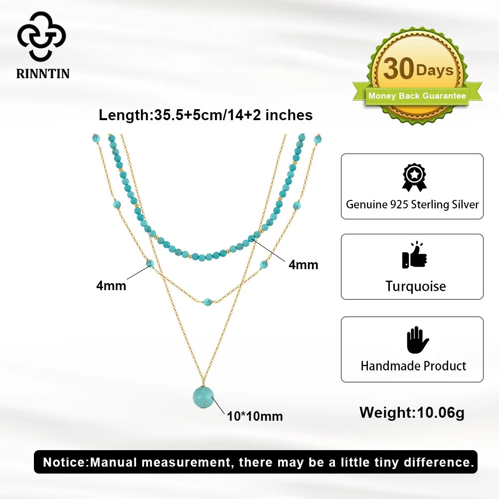 Rinntin 925 Sterling Silver Boho Layered Choker Necklace with Natural Turquoise for Women Summer Sexy Jewelry Accessorry BQN33