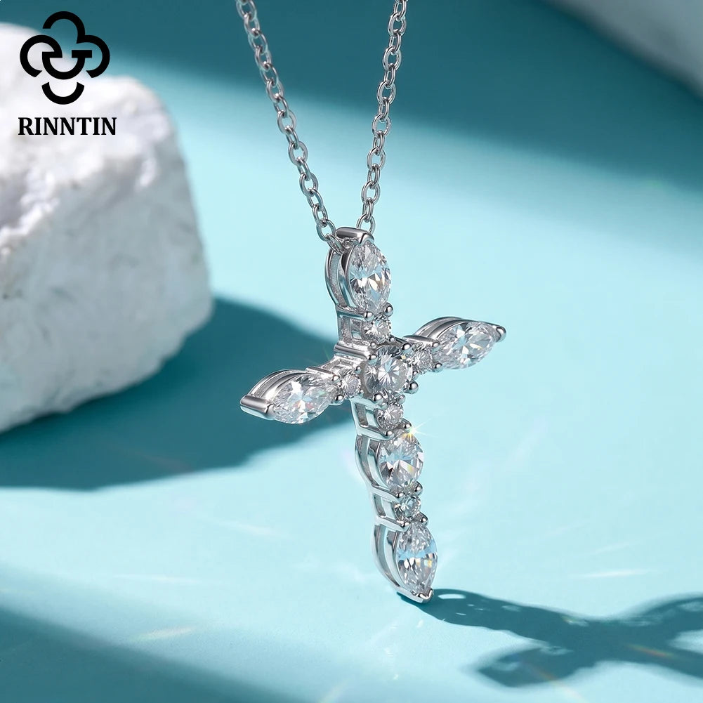 Rinntin Real Moissanite Diamond Cross Pendant 925 Sterling Silver Necklace Party Choker Chain Fine Jewelry Accessories MON16