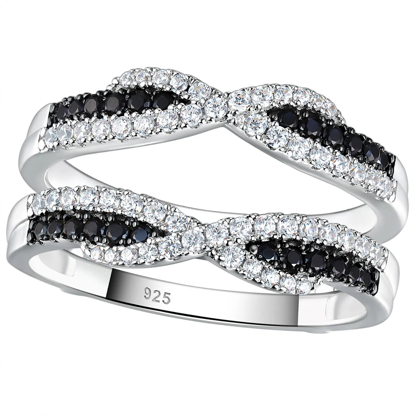 Newshe 925 Sterling Silver Black Blue White 5A Grade Cubic Zircon Wedding Ring Enhancer for Women Twist Rope Design Fine Jewelry