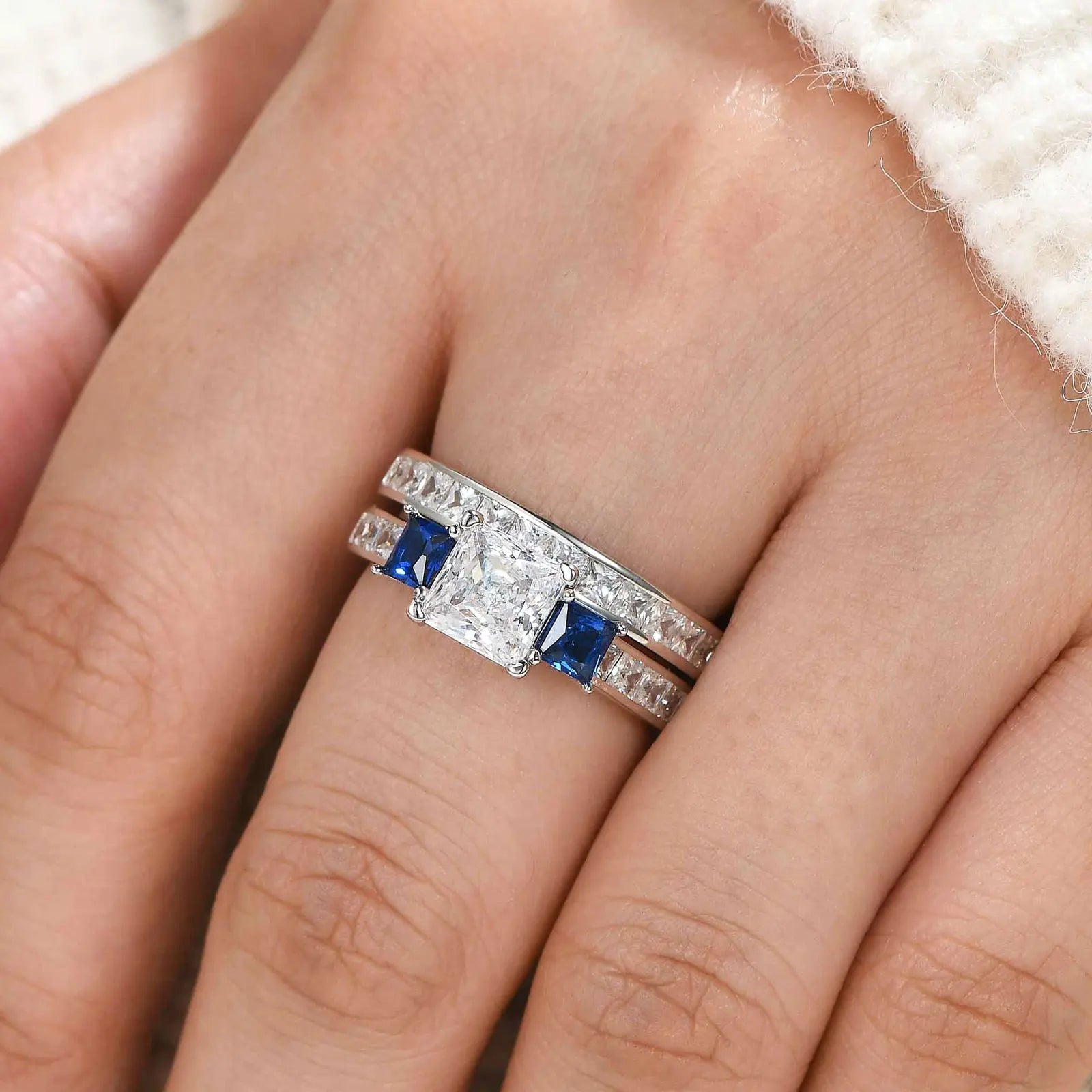 Newshe 925 Sterling Silver Rings Set for Women Three Princess Cut White Blue AAAAA Zircons Luxury Engagement Wedding Jewelry