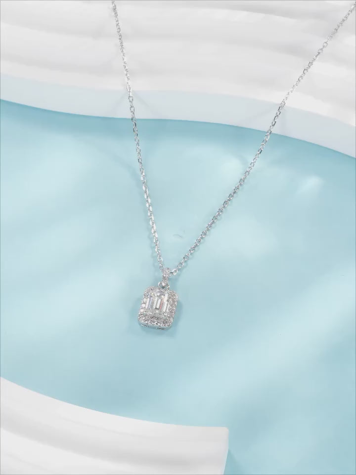 Vixonna Emerald Cut Moissanite Halo Necklace 1ct D Color 925 Silver
