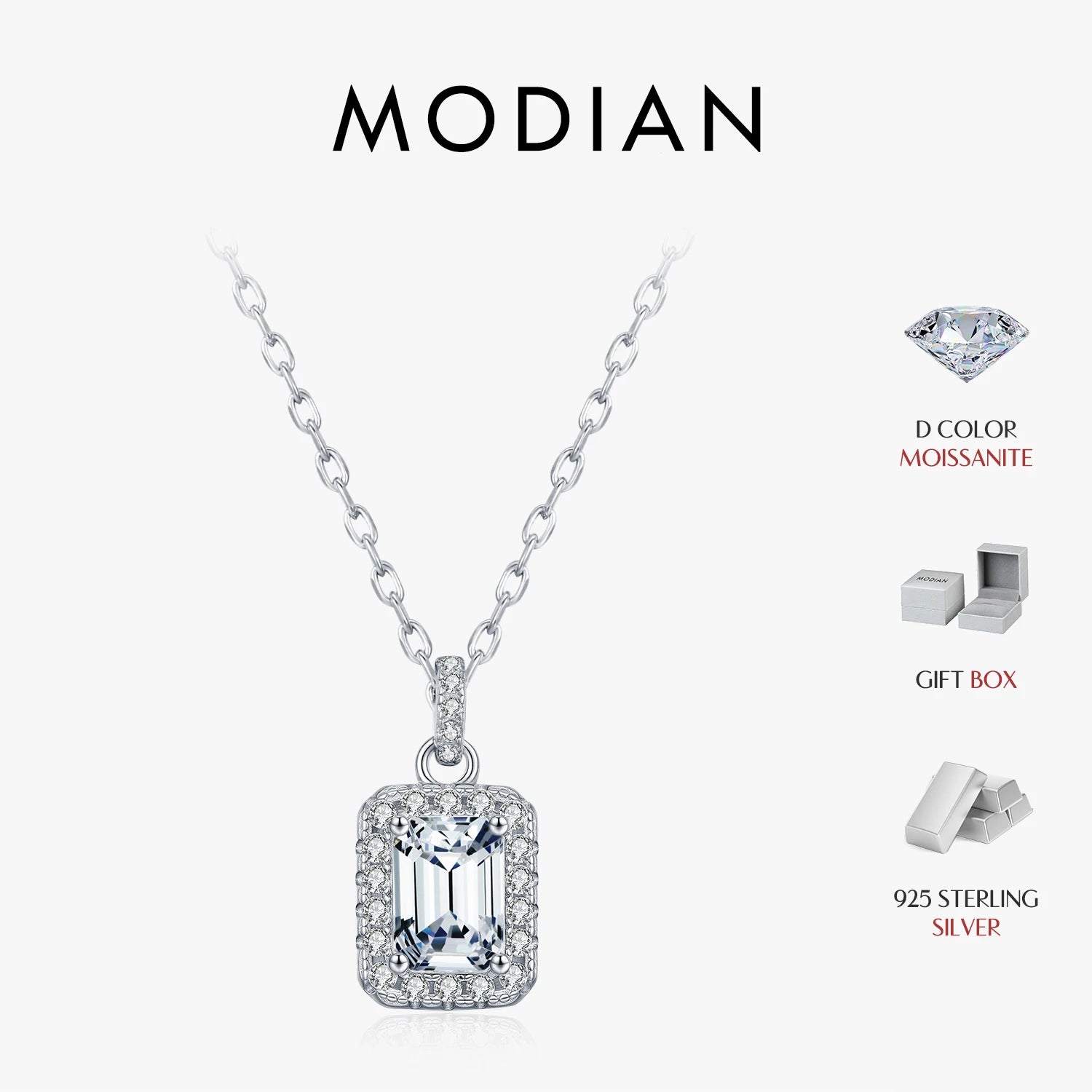 Vixonna Emerald Cut Moissanite Halo Necklace 1ct D Color 925 Silver