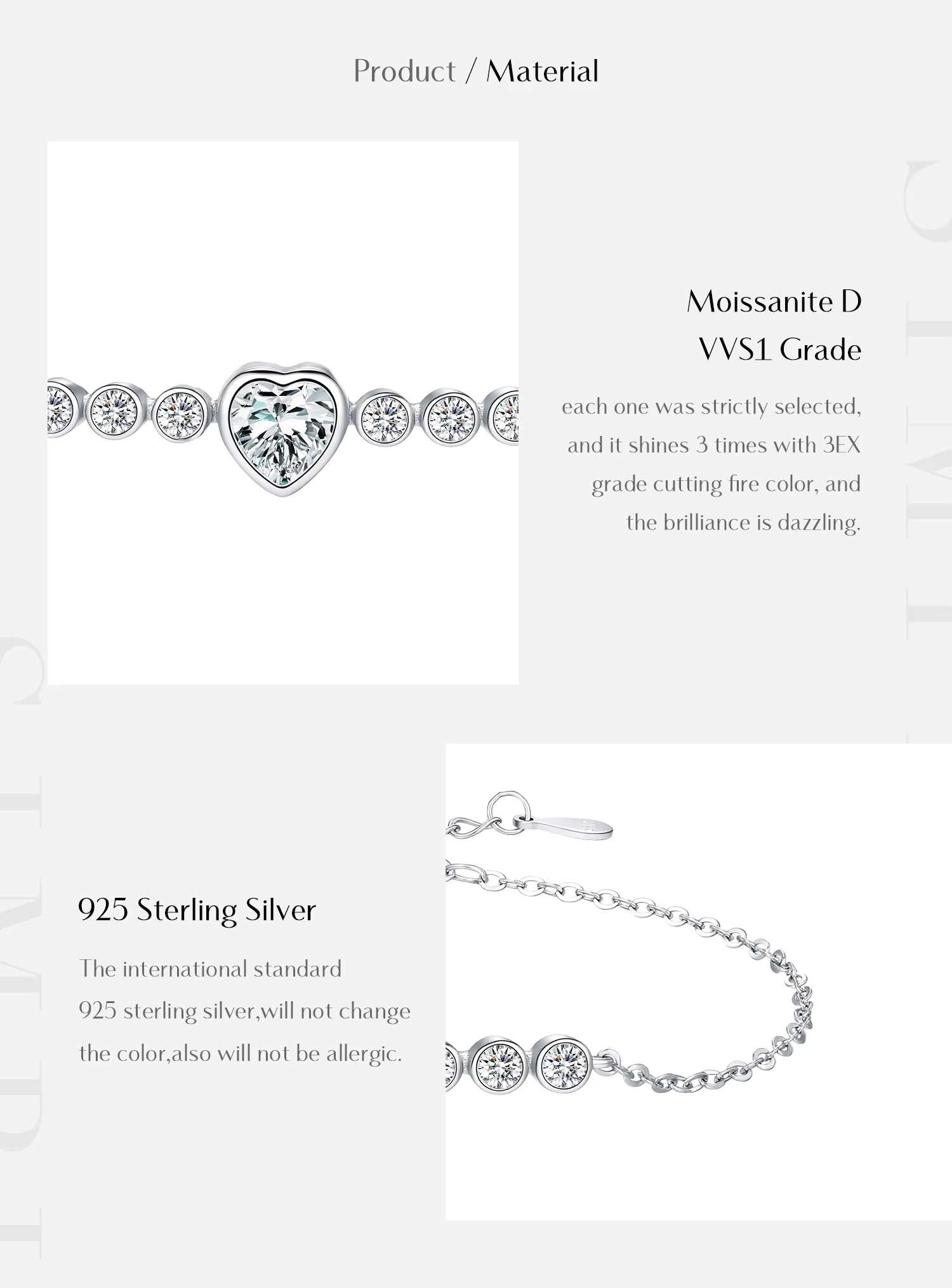 Vixonna Heart Moissanite Bracelet 925 Silver D Color VVS1 0.8ct