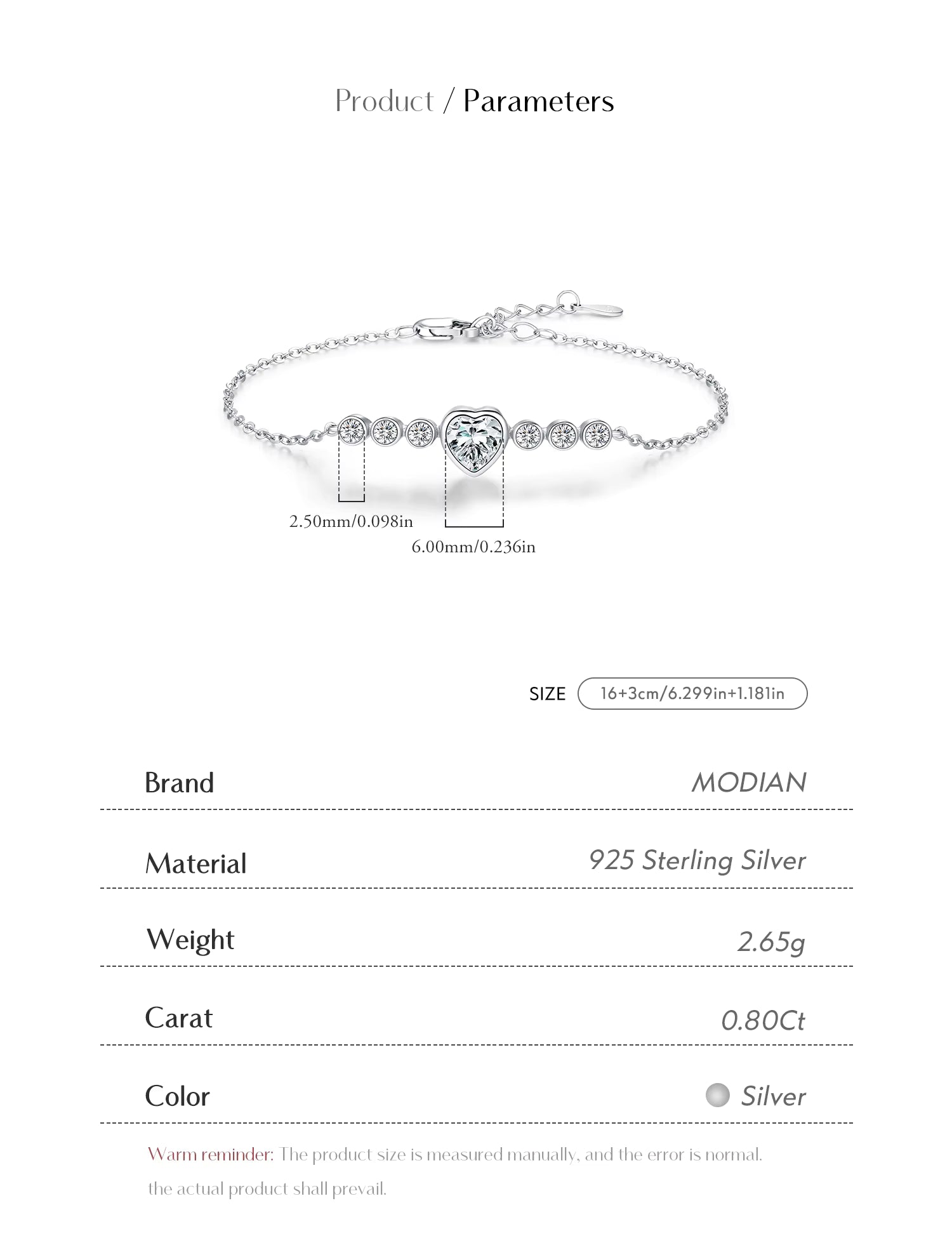 Vixonna Heart Moissanite Bracelet 925 Silver D Color VVS1 0.8ct