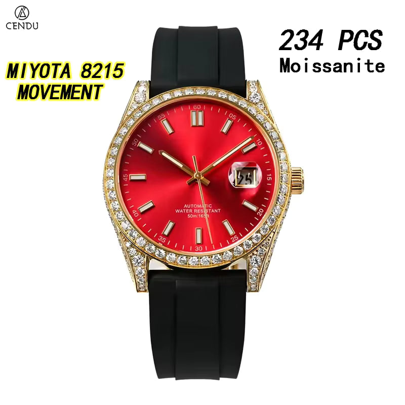Vixonna Men's Moissanite Automatic Mechanical Watch Rubber Strap