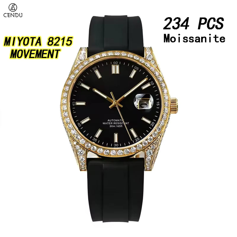 Vixonna Men's Moissanite Automatic Mechanical Watch Rubber Strap