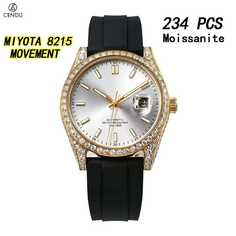 Vixonna Men's Moissanite Automatic Mechanical Watch Rubber Strap