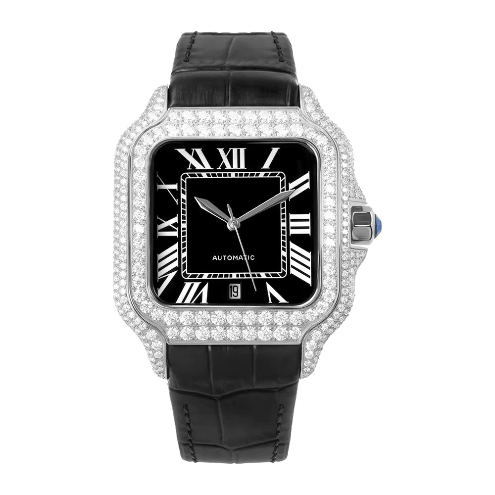 Vixonna Men's Moissanite Automatic Square Watch Stainless Steel Leather Band