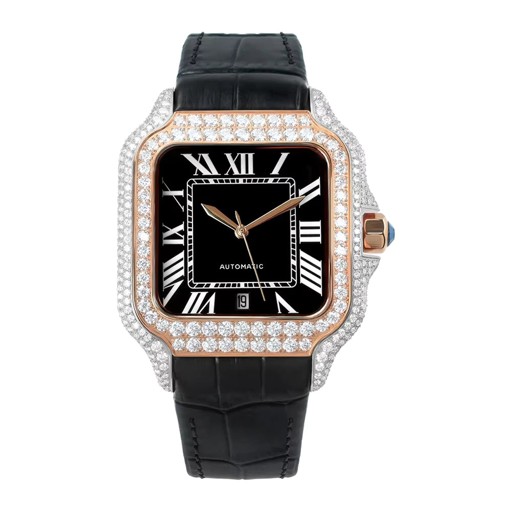 Vixonna Men's Moissanite Automatic Square Watch Stainless Steel Leather Band