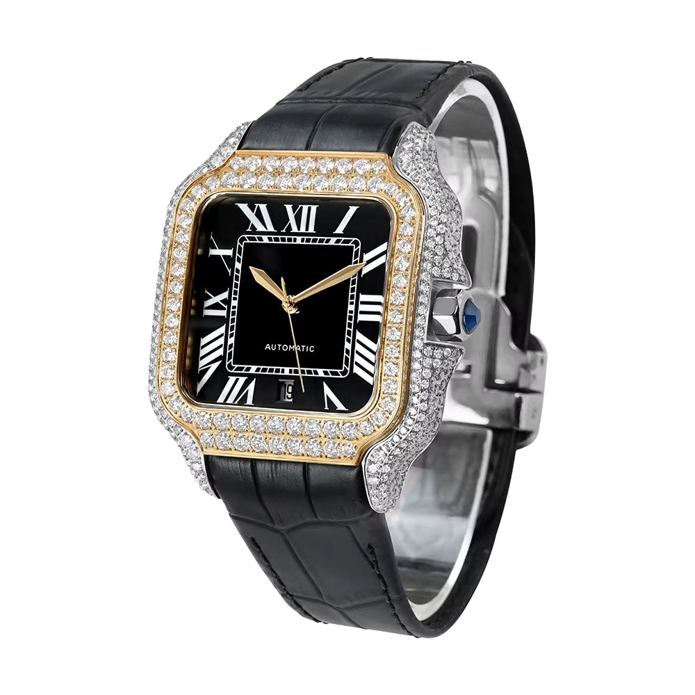 Vixonna Men's Moissanite Automatic Square Watch Stainless Steel Leather Band