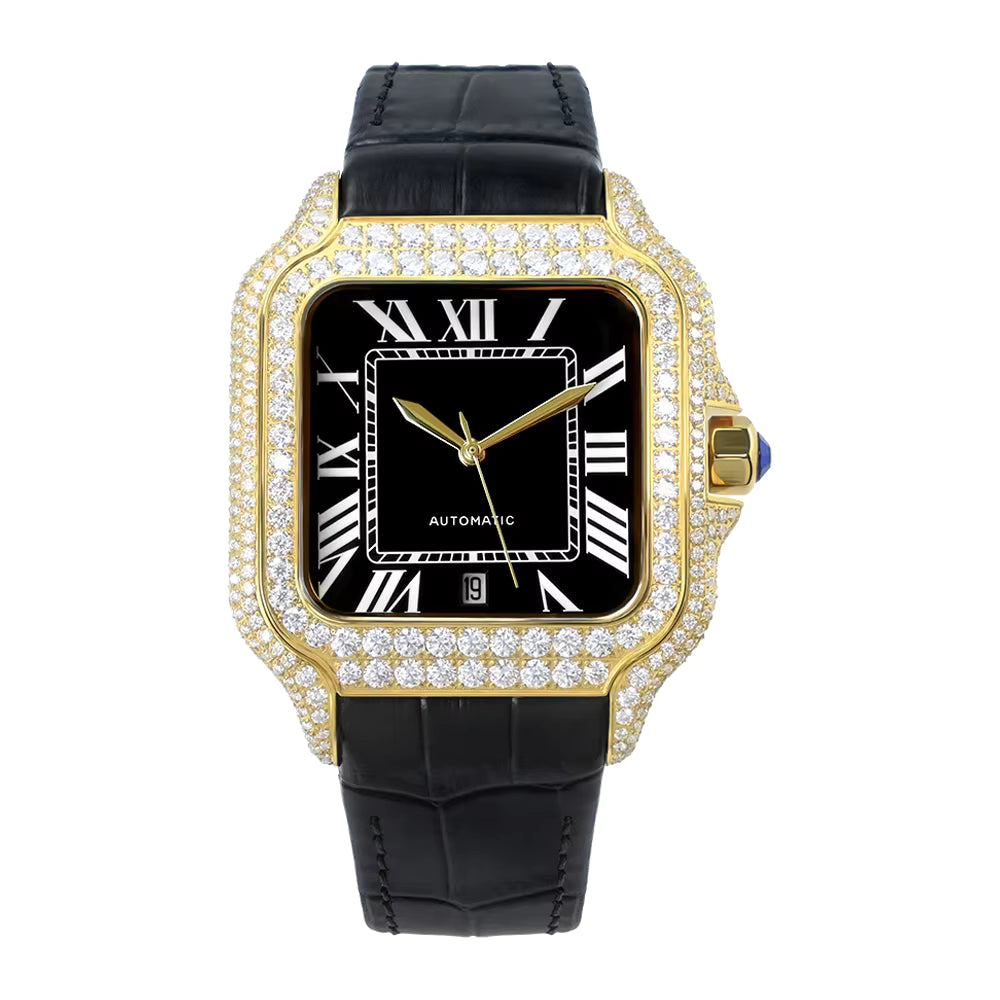Vixonna Men's Moissanite Automatic Square Watch Stainless Steel Leather Band