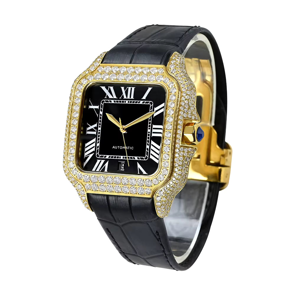 Vixonna Men's Moissanite Automatic Square Watch Stainless Steel Leather Band