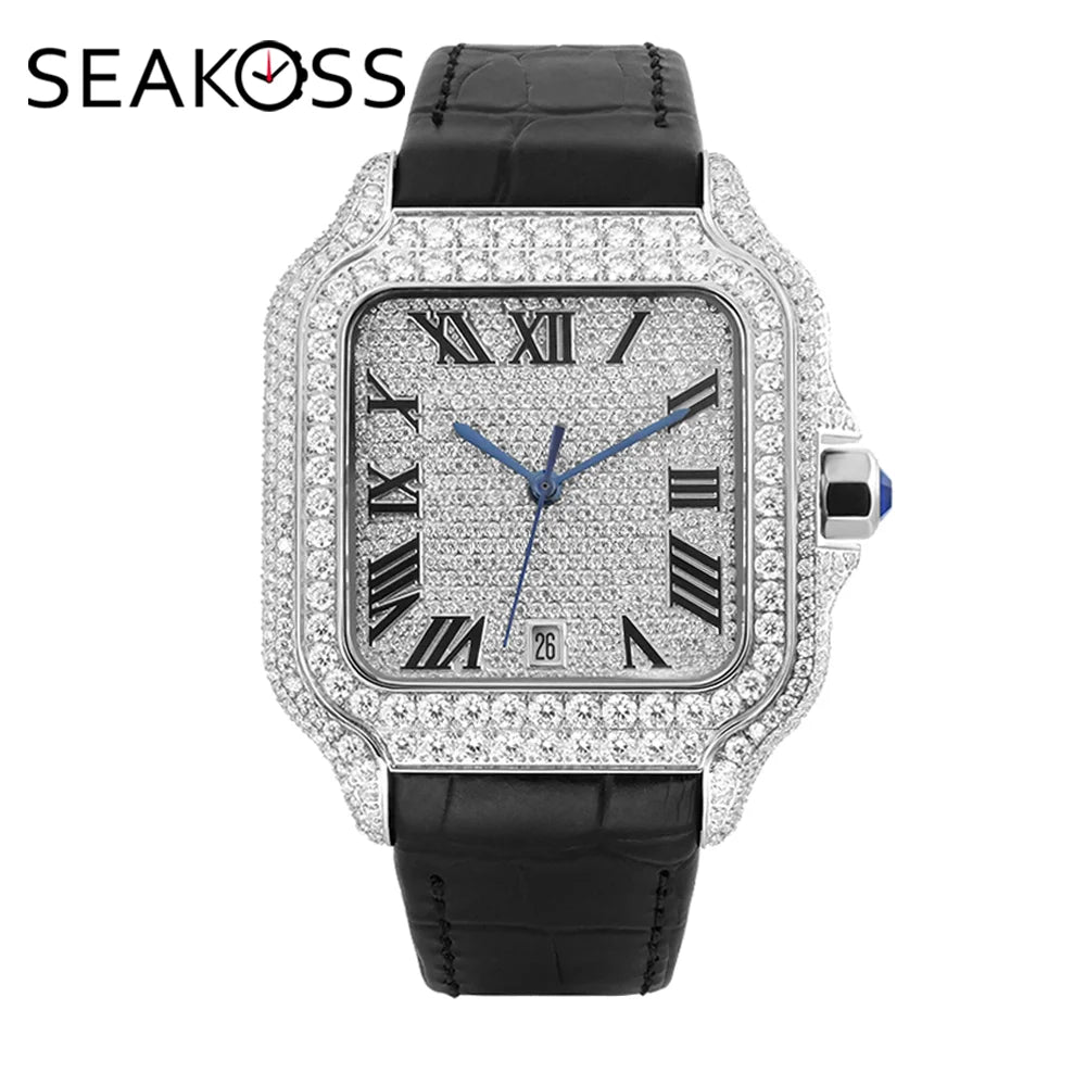 Vixonna Men's Moissanite Automatic Watch Square Leather D Color VVS