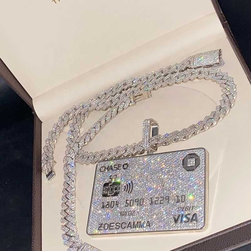 Vixonna Men's Moissanite Credit Card Pendant Necklace 925 Silver VVS