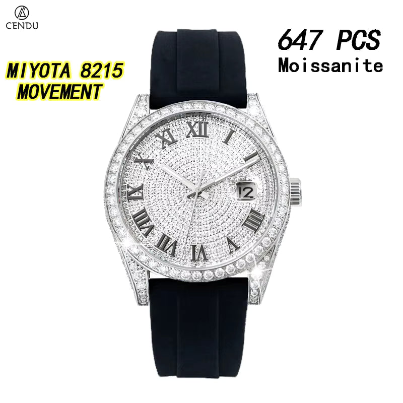 Vixonna Men's Moissanite Mechanical Watch Stainless Steel Sapphire 8215