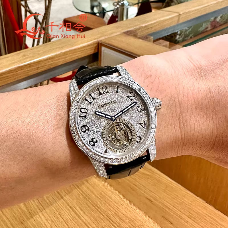 Vixonna Men's Moissanite Mechanical Watch Transparent Movement Coffee