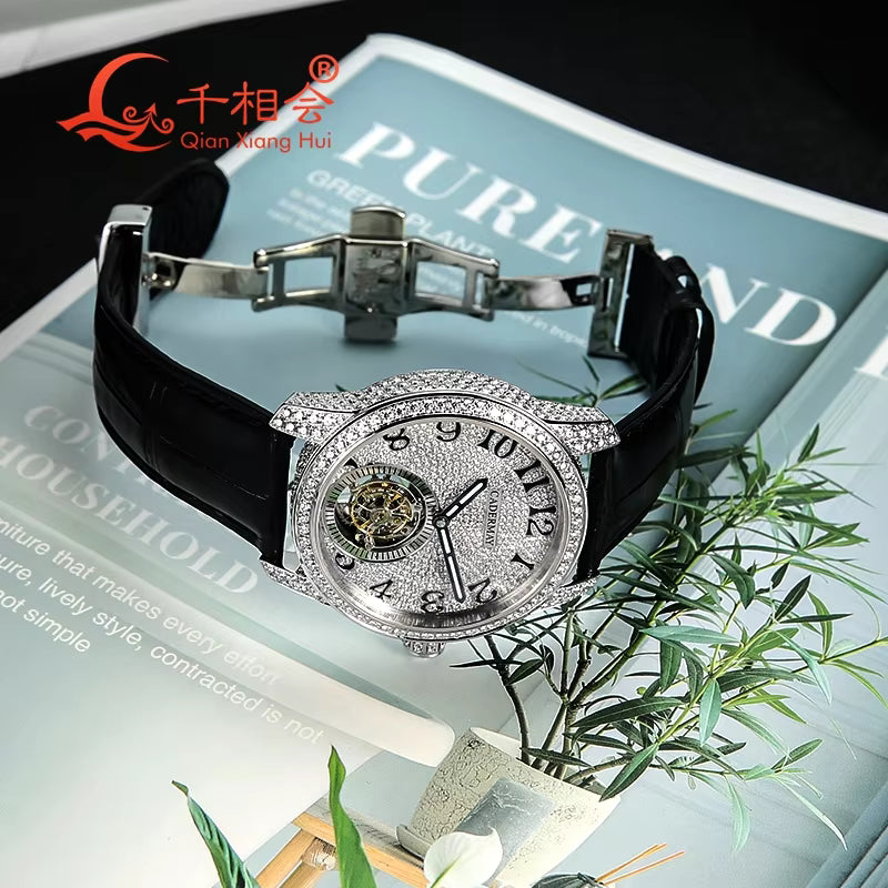 Vixonna Men's Moissanite Mechanical Watch Transparent Movement Coffee