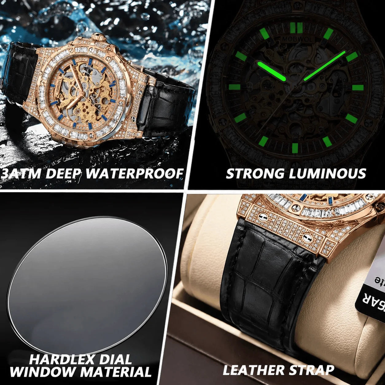 Vixonna Men's Skeleton Mechanical Watch Leather Strap Miyota Movement Waterproof